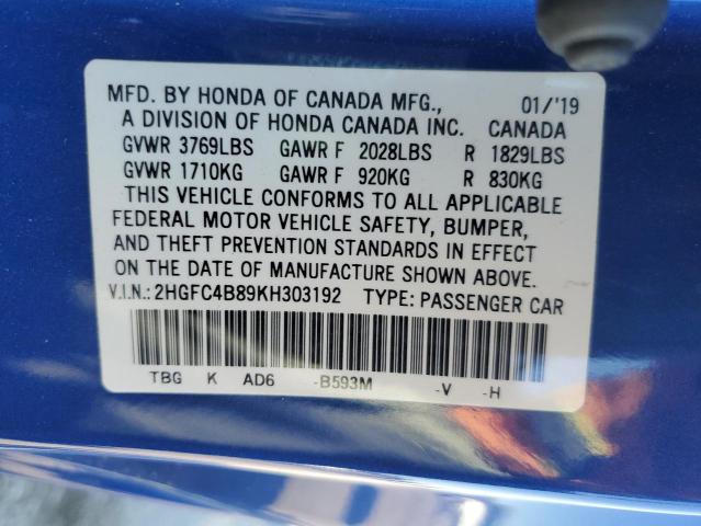 2HGFC4B89KH303192 - 2019 HONDA CIVIC SPORT 蓝色 照片 12