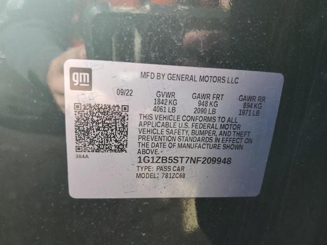 1G1ZB5ST7NF209948 - 2022 CHEVROLET MALIBU LS 黑色 照片 12