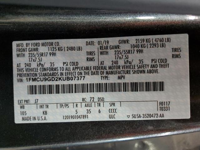 1FMCU9GD2KUB07377 - 2019 FORD ESCAPE SE ნაცრისფერი ფოტო 13