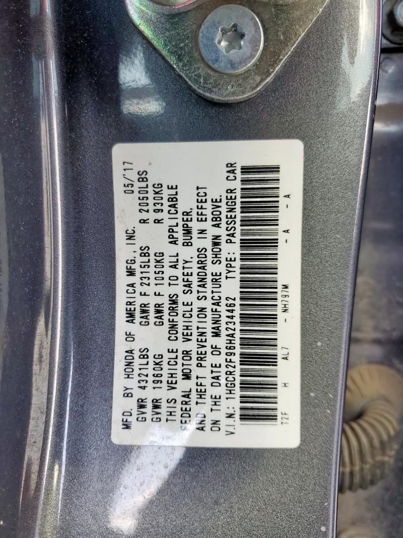 1HGCR2F96HA234462 - 2017 HONDA ACCORD EXL ნაცრისფერი ფოტო 12