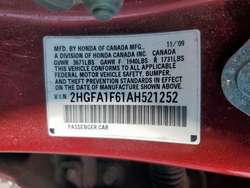 2HGFA1F61AH521252 - 2010 HONDA CIVIC LX-S RED photo 12