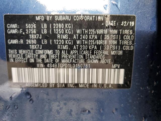 4S4BTGPD1L3150781 - 2020 SUBARU OUTBACK TOURING LDL ლურჯი ფოტო 13