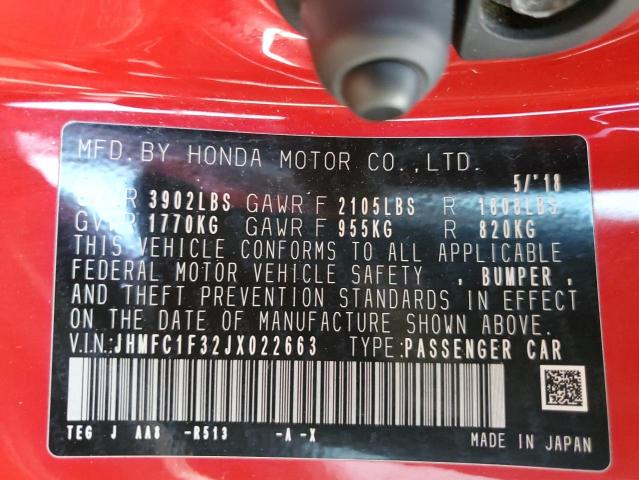 JHMFC1F32JX022663 - 2018 HONDA CIVIC EX RED photo 12