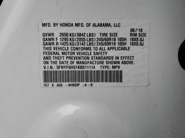 5FNYF6H51KB011114 - 2019 HONDA PILOT EXL أبيض صورة 14