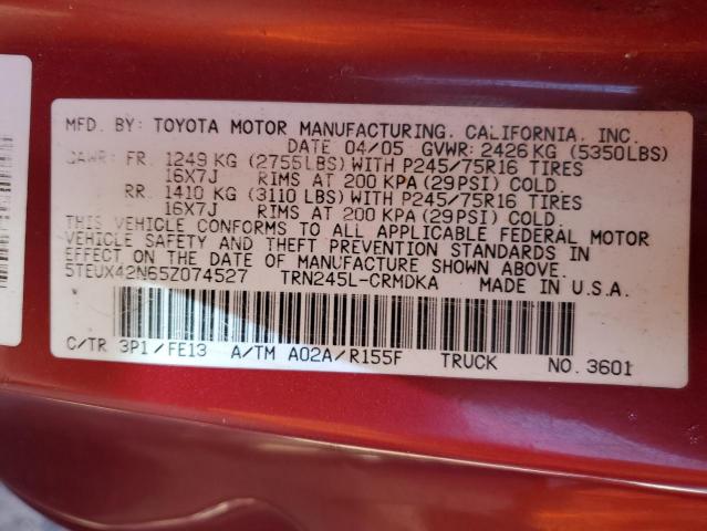 5TEUX42N65Z074527 - 2005 TOYT TACOMA ACCESS CAB Бордовий фото 12