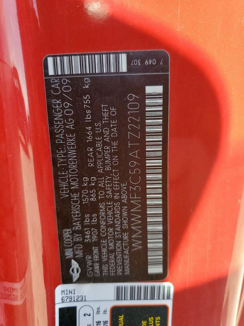 WMWMF3C59ATZ22109 - 2010 MINI COOPER 红色 照片 12