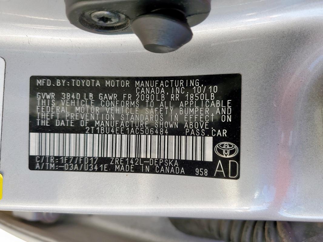 2T1BU4EE1AC506484 - 2010 TOYOTA COROLLA BASE Gümüş foto 12