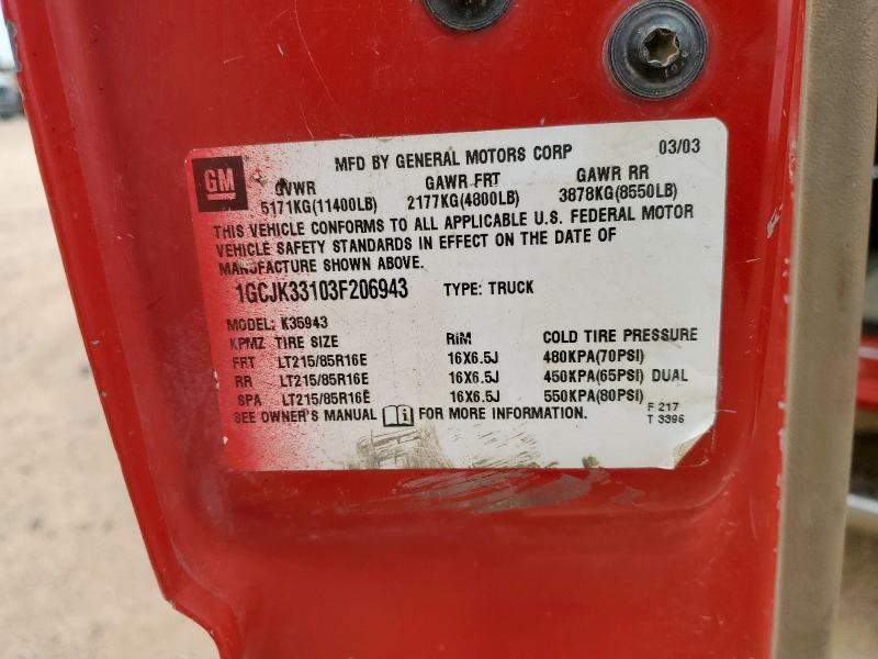 1GCJK33103F206943 - 2003 CHEVROLET SILVERADO K3500 RED photo 12