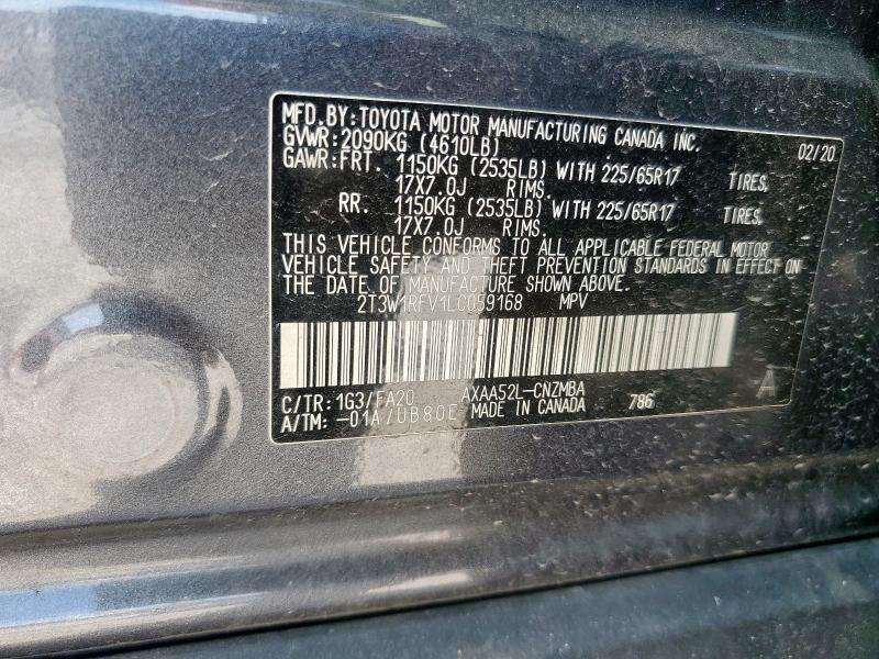 2T3W1RFV1LC059168 - 2020 TOYOTA RAV4 XLE გრაფიტი ფოტო 14