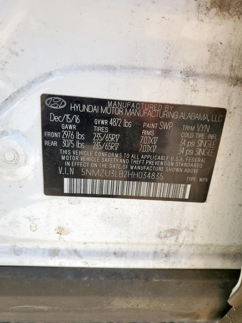 5NMZU3LB2HH034835 - 2017 HYUNDAI SANTA FE S WHITE photo 12