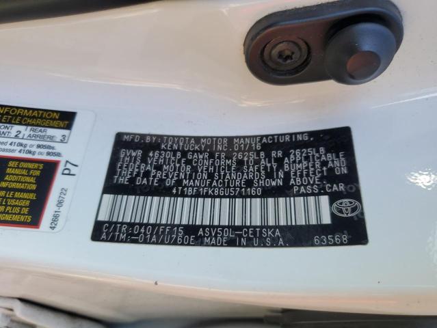4T1BF1FK8GU571160 - 2016 TOYOTA CAMRY LE 白色 照片 12