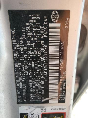 4T4BF1FK4CR214946 - 2012 TOYOTA CAMRY BASE SILVER photo 12