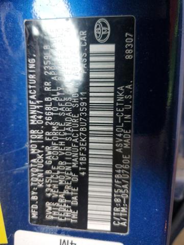 4T1BF3EK7BU735911 - 2011 TOYOTA CAMRY BASE Bleu photo 12