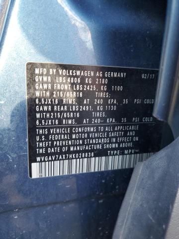 WVGAV7AX7HK028836 - 2017 VOLKSWAGEN TIGUAN S BLUE photo 12