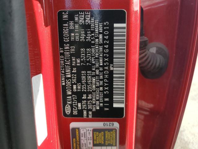 5XYPHDA5XJG424015 - 2018 KIA SORENTO EX RED photo 13