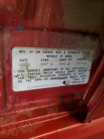 KL1TD56687B172129 - 2007 CHEVROLET AVEO BASE RED photo 12