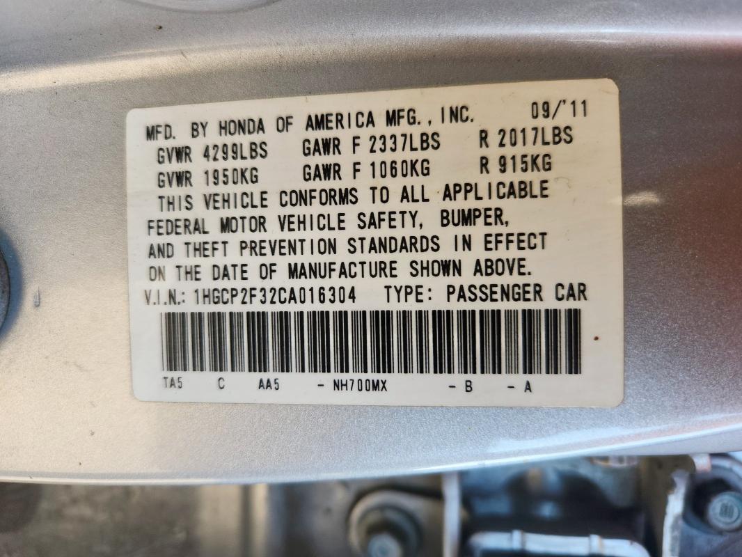 1HGCP2F32CA016304 - 2012 HONDA ACCORD LX ვერცხლისფერი ფოტო 12