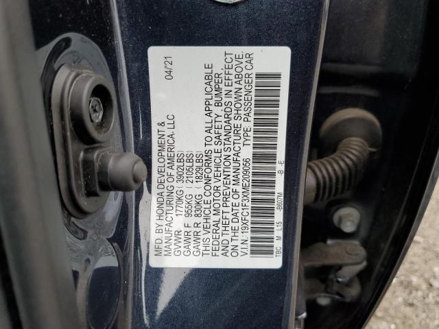 19XFC1F3XME209056 - 2021 HONDA CIVIC EX BLUE photo 12