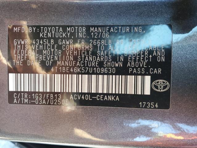 4T1BE46K57U109630 - 2007 TOYOTA CAMRY CE GRAY photo 12