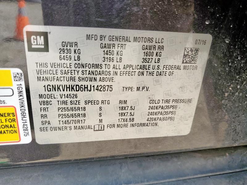 1GNKVHKD6HJ142875 - 2017 CHEVROLET TRAVERSE LT Gri fotoğraf 13