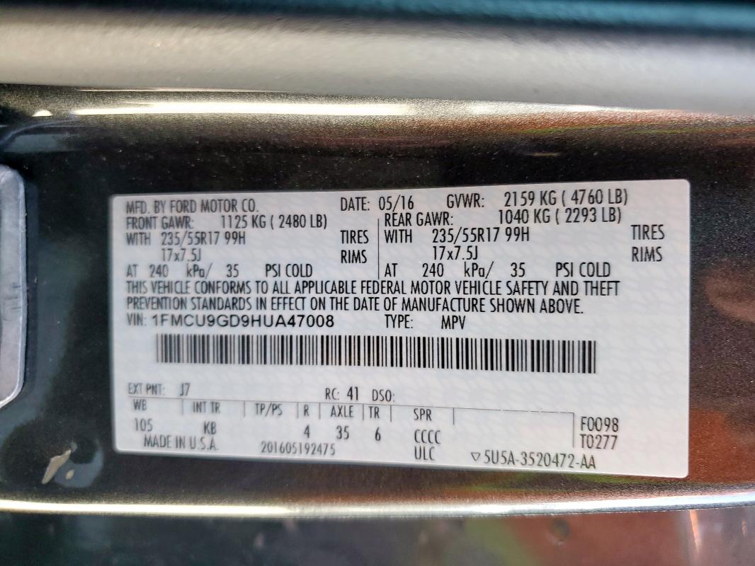 1FMCU9GD9HUA47008 - 2017 FORD ESCAPE SE 灰色 照片 13