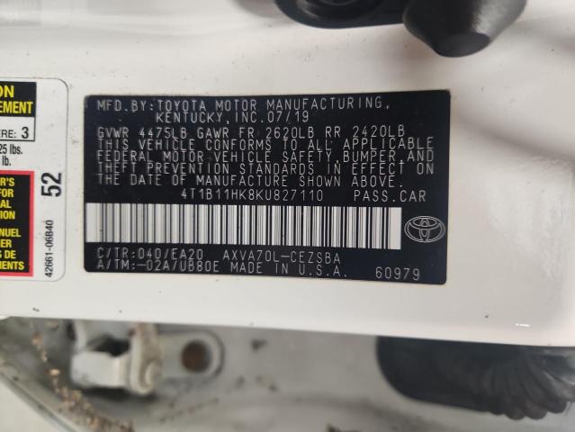 4T1B11HK8KU827110 - 2019 TOYOTA CAMRY L WHITE photo 12