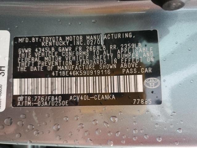 4T1BE46K59U919116 - 2009 TOYOTA CAMRY BASE TEAL photo 12