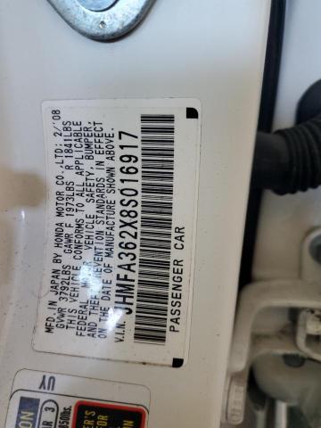 JHMFA362X8S016917 - 2008 HONDA CIVIC HYBRID Weiß Foto 12