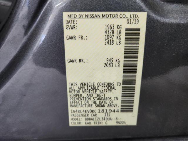 1N4BL4EV0KC181944 - 2019 NISSAN ALTIMA SL ნაცრისფერი ფოტო 12