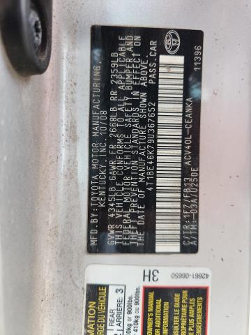 4T1BE46K79U367652 - 2009 TOYOTA CAMRY BASE SILVER photo 12