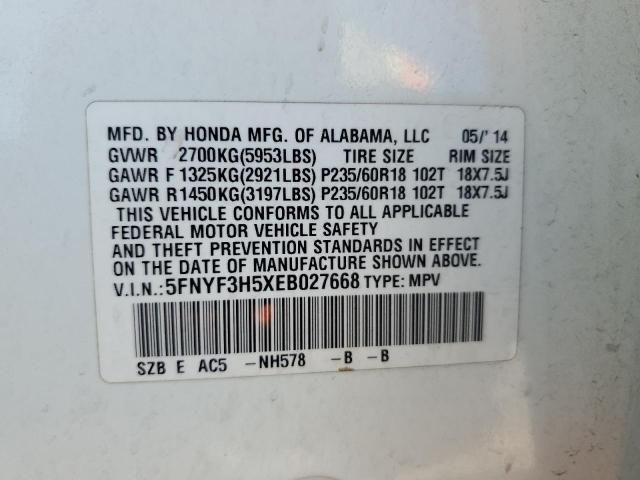 5FNYF3H5XEB027668 - 2014 HONDA PILOT EXL თეთრი ფოტო 13