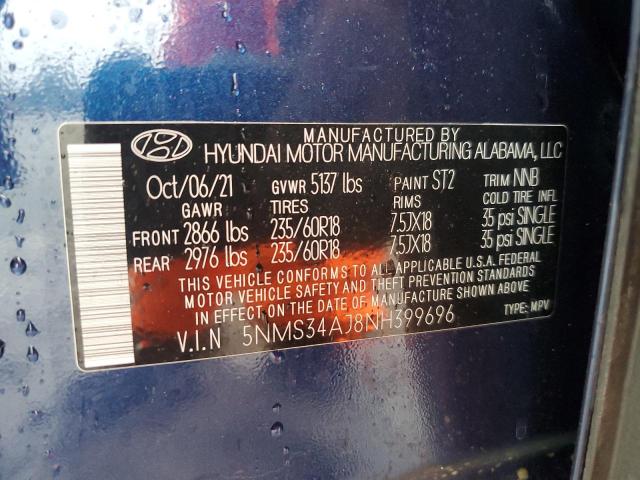5NMS34AJ8NH399696 - 2022 HYUNDAI SANTA FE SEL BLUE photo 13