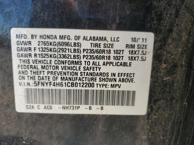 5FNYF4H61CB012200 - 2012 HONDA PILOT EXL BLACK photo 12