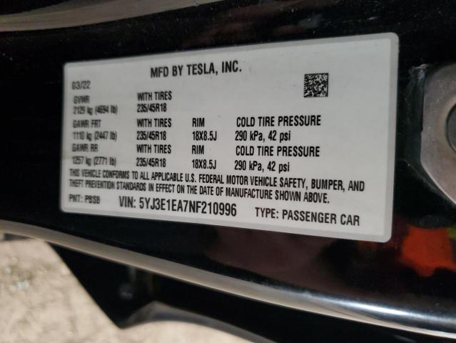 5YJ3E1EA7NF210996 - 2022 TESLA MODEL 3 黑色 照片 12
