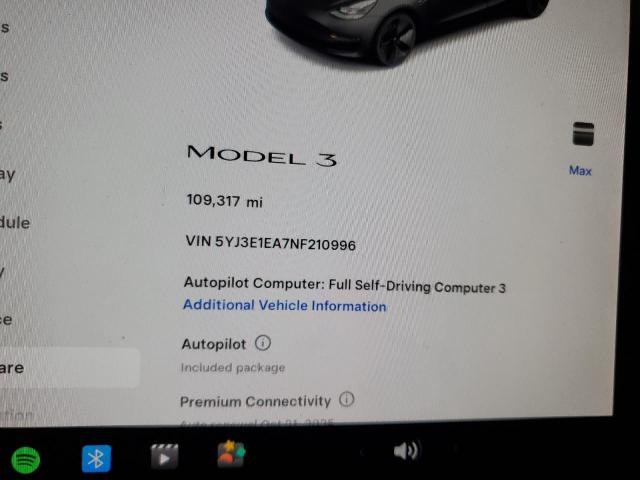 5YJ3E1EA7NF210996 - 2022 TESLA MODEL 3 黑色 照片 9