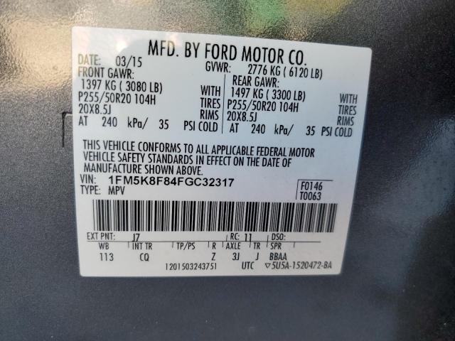 1FM5K8F84FGC32317 - 2015 FORD EXPLORER LIMITED GRAY photo 13