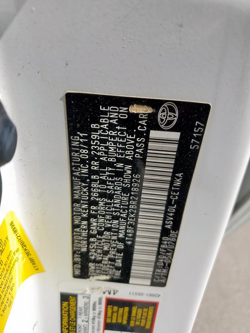 4T4BF3EK2BR218926 - 2011 TOYOTA CAMRY BASE WHITE photo 13