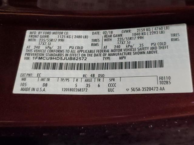 1FMCU9HD5JUB82572 - 2018 FORD ESCAPE SEL მუქწითელი ფოტო 13