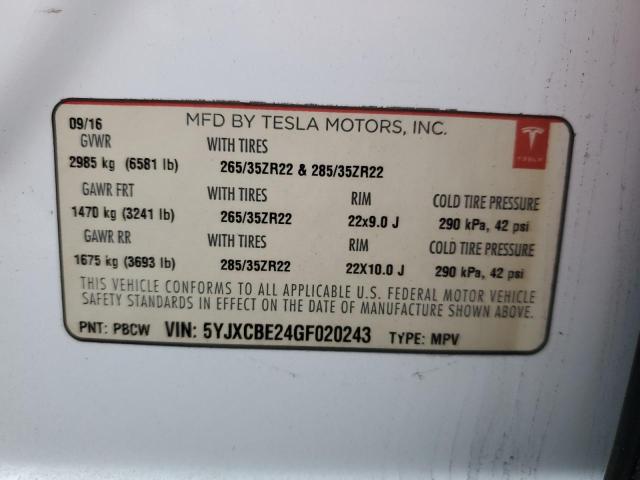 5YJXCBE24GF020243 - 2016 TESLA MODEL X WHITE photo 12