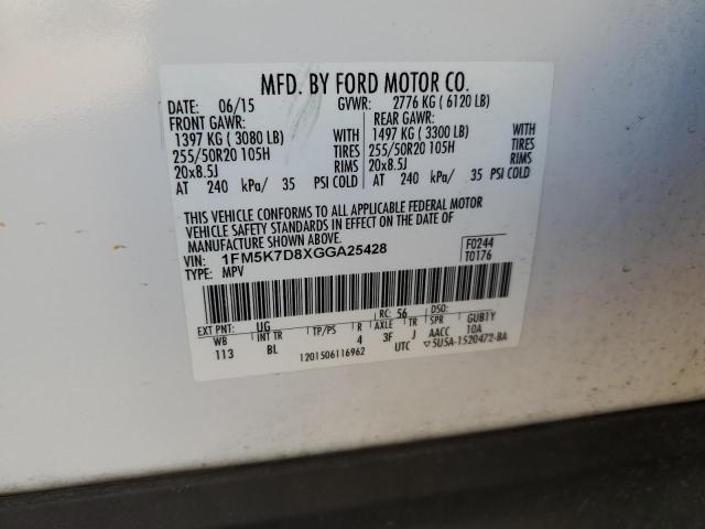 1FM5K7D8XGGA25428 - 2016 FORD EXPLORER XLT Ақ фото 13