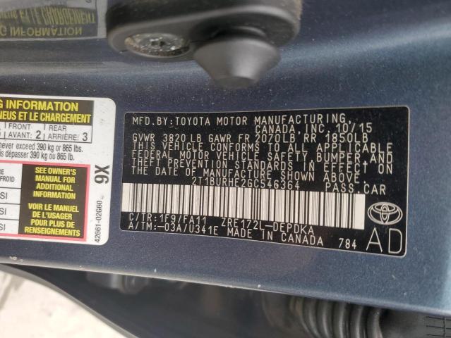 2T1BURHE2GC546364 - 2016 TOYOTA COROLLA L 蓝色 照片 13