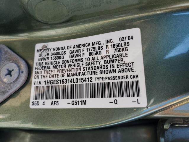 1HGES16314L015412 - 2004 HONDA CIVIC DX VP Կանաչ լուսանկար 12