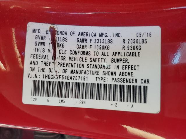 1HGCR2F54GA207191 - 2016 HONDA ACCORD SPORT RED photo 13