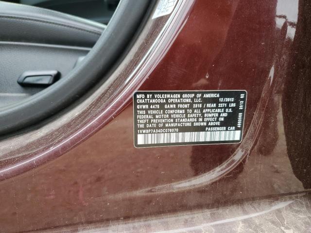 1VWBP7A34DC076070 - 2013 VOLKSWAGEN PASSAT SE Granate foto 12