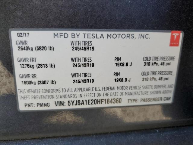 5YJSA1E20HF184360 - 2017 TESLA MODEL S GRAY photo 12