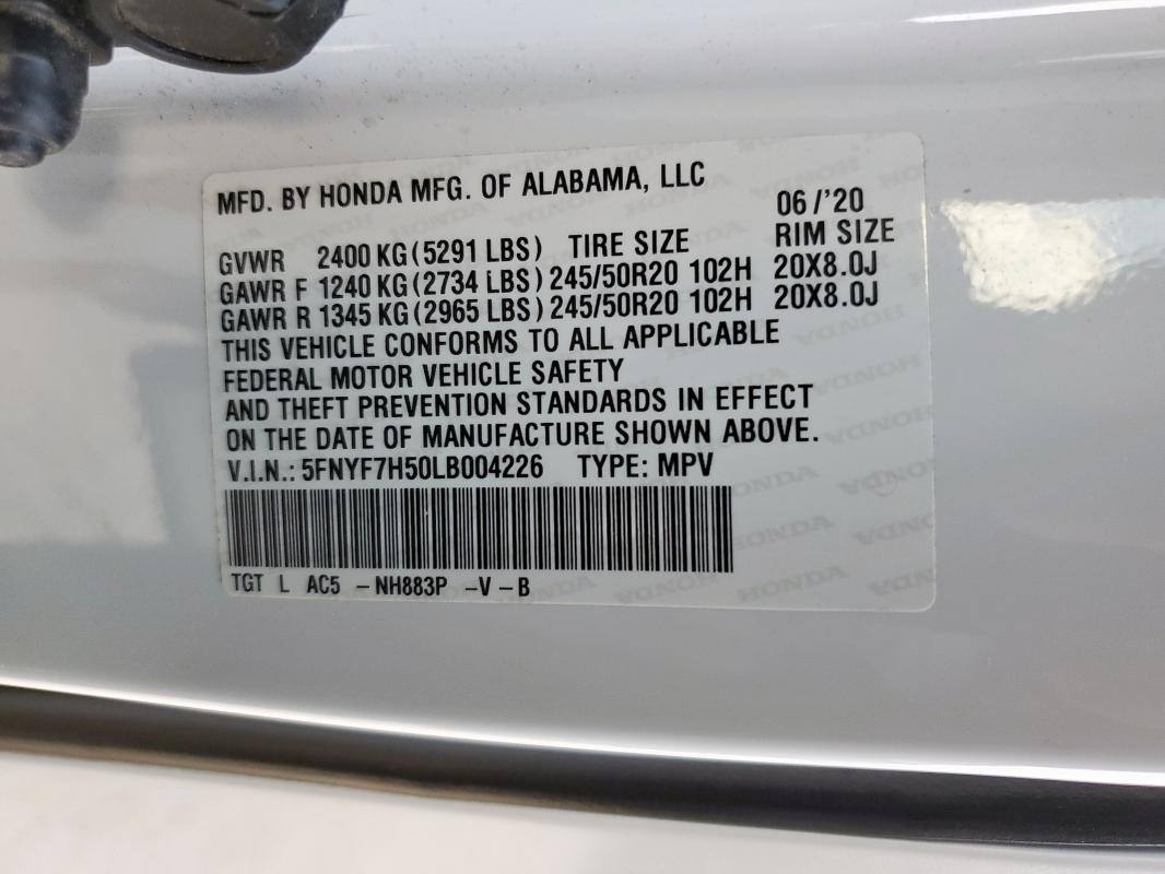 5FNYF7H50LB004226 - 2020 HONDA PASSPORT EXL Weiß Foto 13