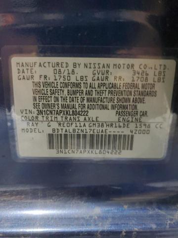 3N1CN7APXKL804222 - 2019 NISSAN VERSA S BLUE photo 12