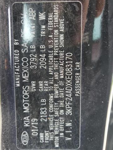 3KPF24ADXKE083170 - 2019 KIA FORTE FE Czarny zdjęcie 12