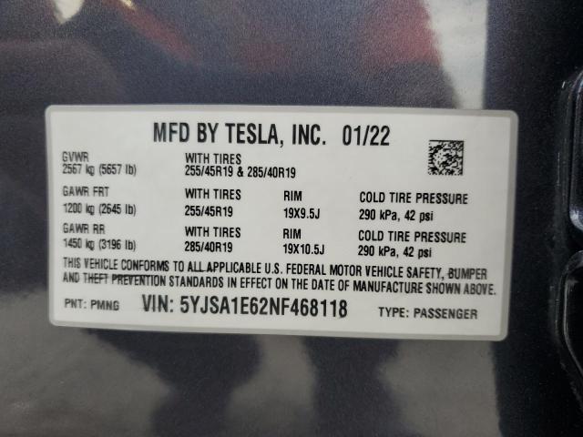 5YJSA1E62NF468118 - 2022 TESLA MODEL S رمادي صورة 12