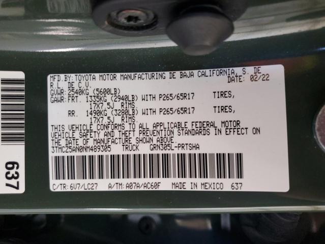 3TMCZ5AN0NM489305 - 2022 TOYOTA TACOMA DOUBLE CAB 绿色 照片 12